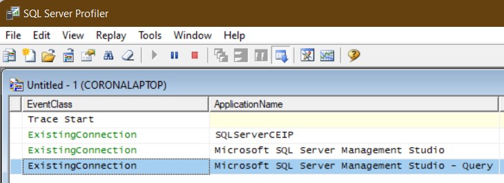 Sql Server Profiler screenshot showing column ApplicationName