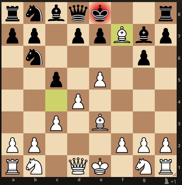 Chess bishop sacrificed to force king move and trap the knight (rnbqk2r/pp1ppBbp/1n4p1/2p1P3/3P4/2P1B3/PP3PPP/RN1QK1NR b KQkq - 0 7 )