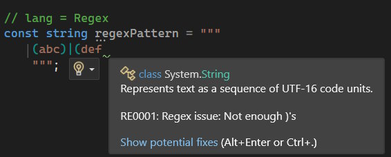 A regex pattern in a string literal, with a warning for missing parenthesis