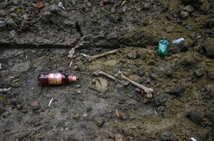 Human bones and empty plastic 2L beer bottles