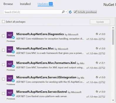 Package list in NuGet package manager UI in Visual Studio