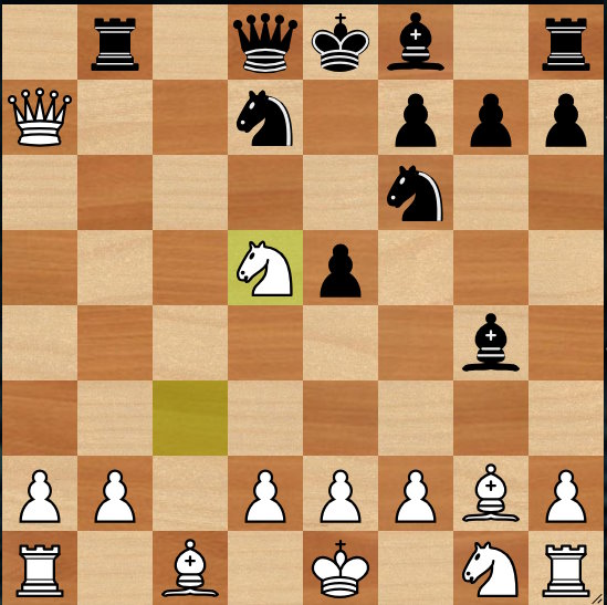 1. g4 d5 2. Bg2 Bxg4 3. c4 c6 4. cxd5 cxd5 5. Qb3 Nf6 6. Qxb7 Nbd7 7. Nc3 Rb8 8. Qxa7 e5 9. Nxd5