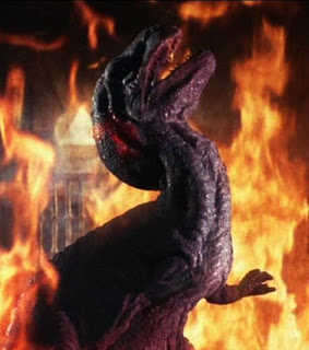 Dinosaur roaring over background of burning buildings